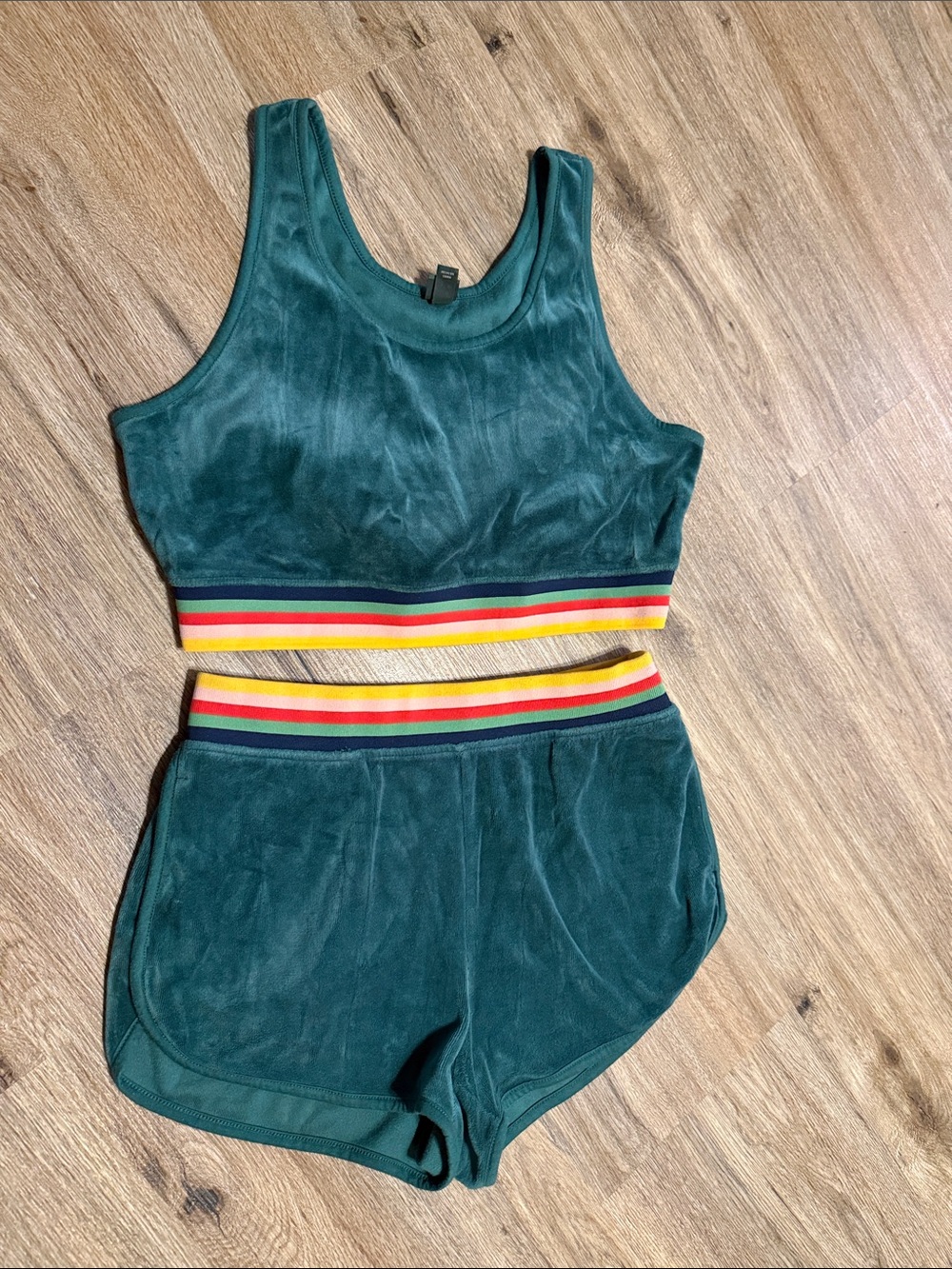 Wild Fable Teal Velour Crop Tank and Shorts  w Rainbow Waistband Active Set